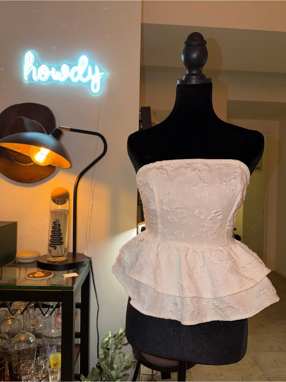 SHEIN White Strapless Peplum Top | Floral Textured Date Night Chic