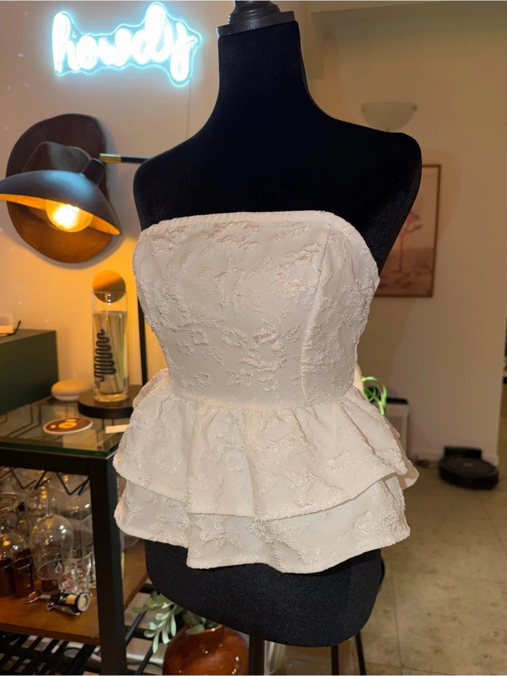 SHEIN White Strapless Peplum Top | Floral Textured Date Night Chic