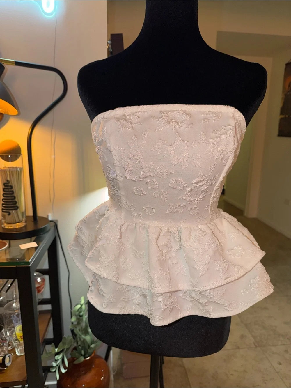 SHEIN White Strapless Peplum Top | Floral Textured Date Night Chic