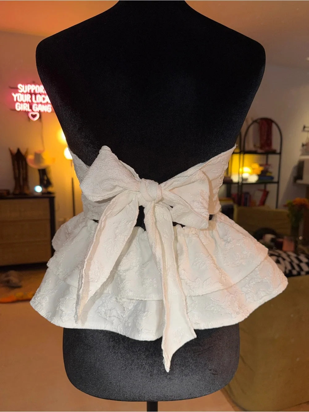 SHEIN White Strapless Peplum Top | Floral Textured Date Night Chic