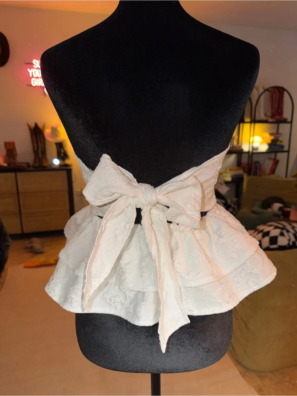 SHEIN White Strapless Peplum Top | Floral Textured Date Night Chic