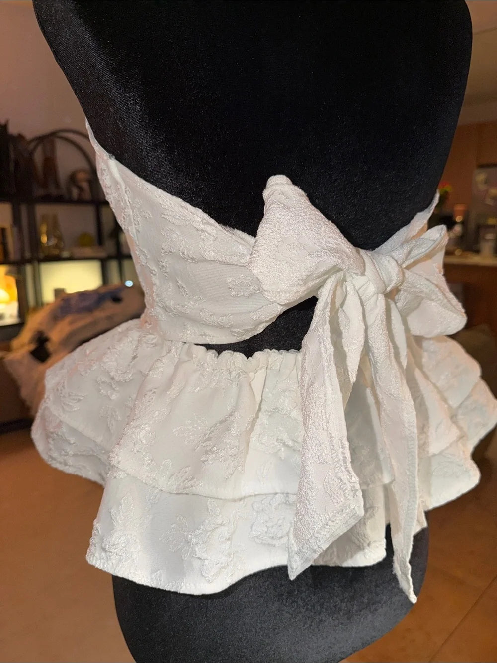 SHEIN White Strapless Peplum Top | Floral Textured Date Night Chic