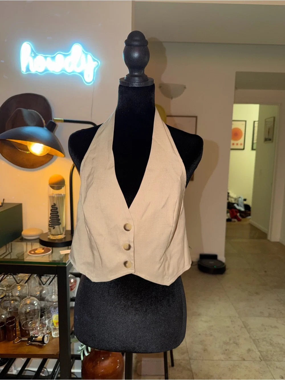 SHEIN Beige Halter Button-Front Crop Top | Tailored Vest Chic
