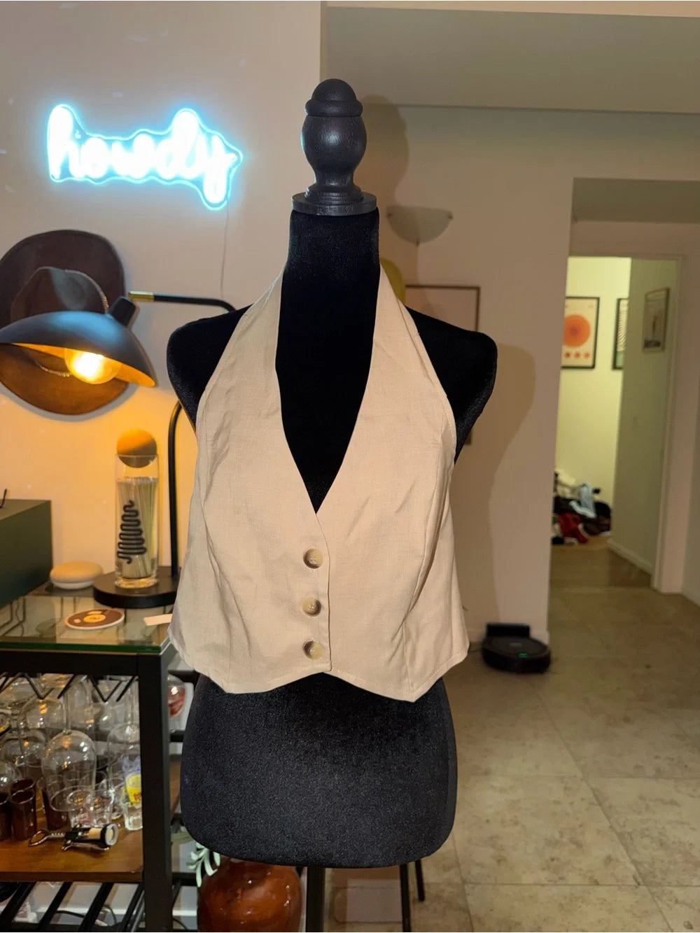 SHEIN Beige Halter Button-Front Crop Top | Tailored Vest Chic
