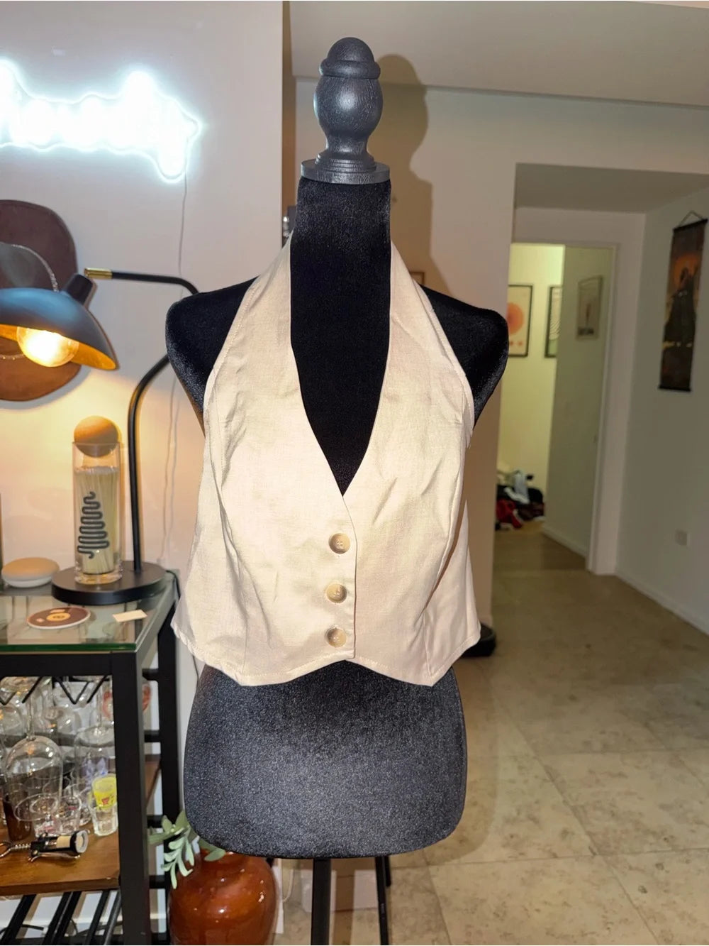 SHEIN Beige Halter Button-Front Crop Top | Tailored Vest Chic