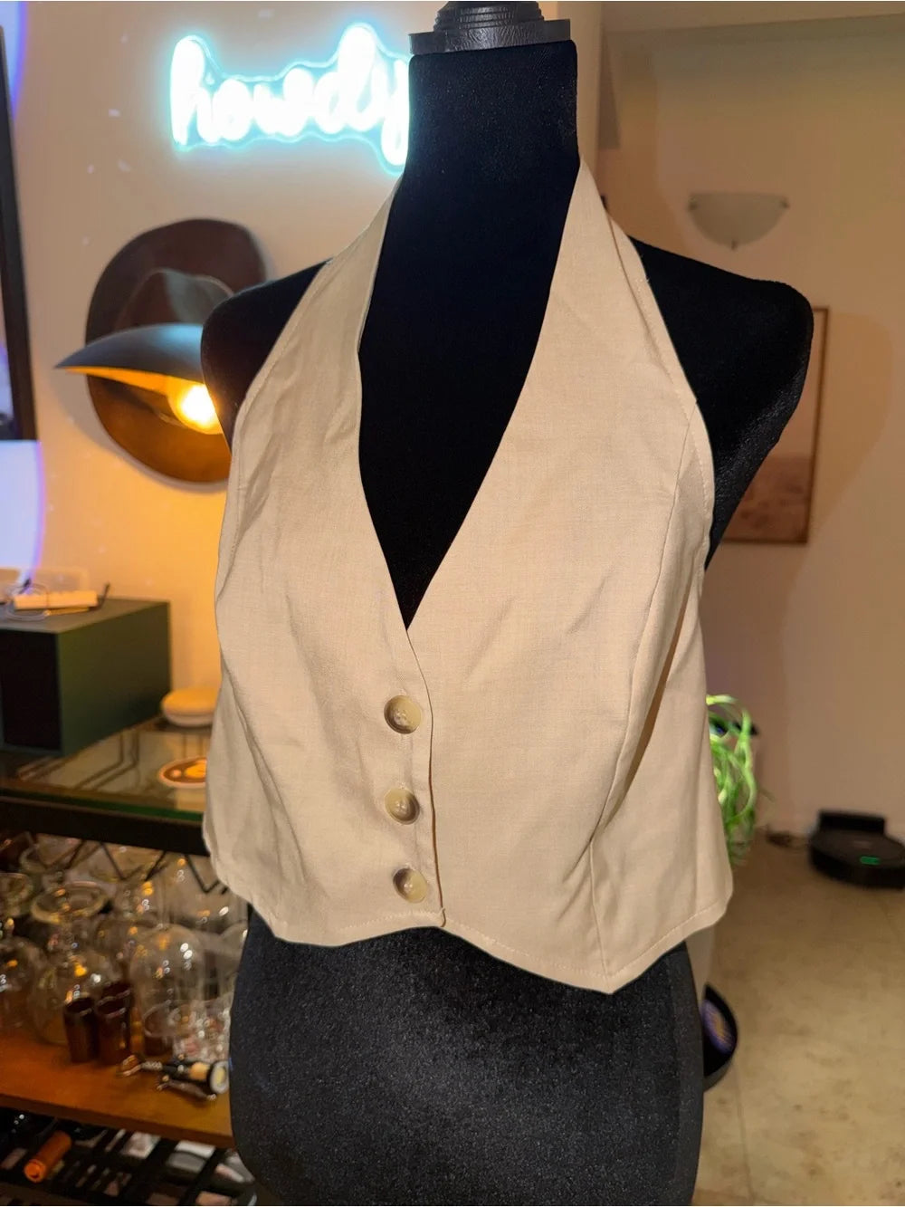 SHEIN Beige Halter Button-Front Crop Top | Tailored Vest Chic