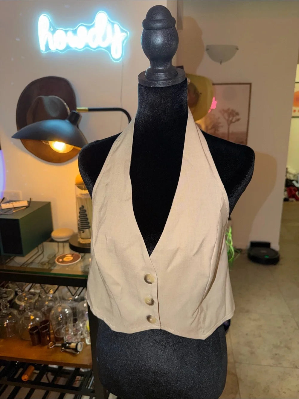 SHEIN Beige Halter Button-Front Crop Top | Tailored Vest Chic